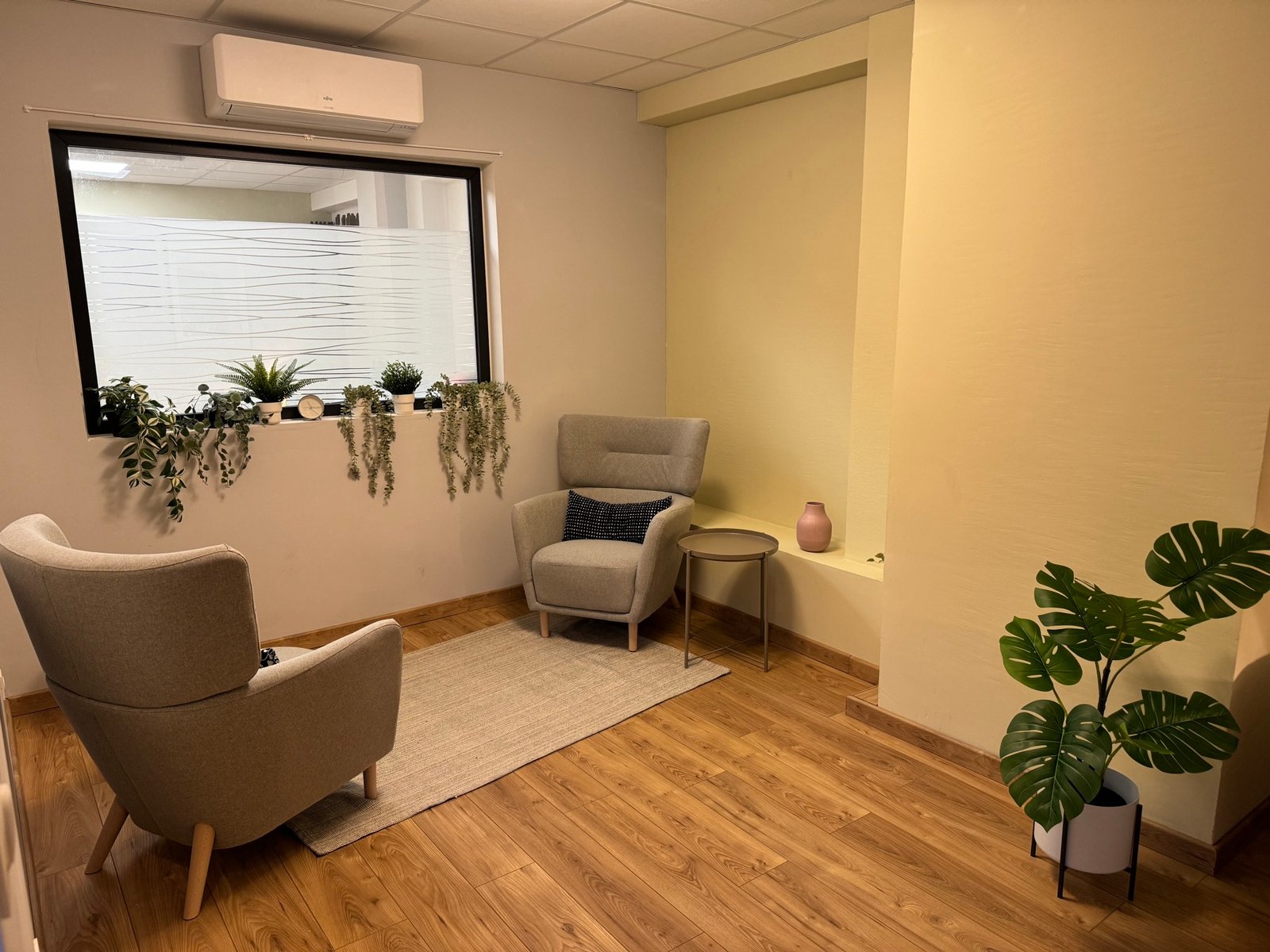 Vue du cabinet Bendor avec ses deux fauteuils et ses plantes.